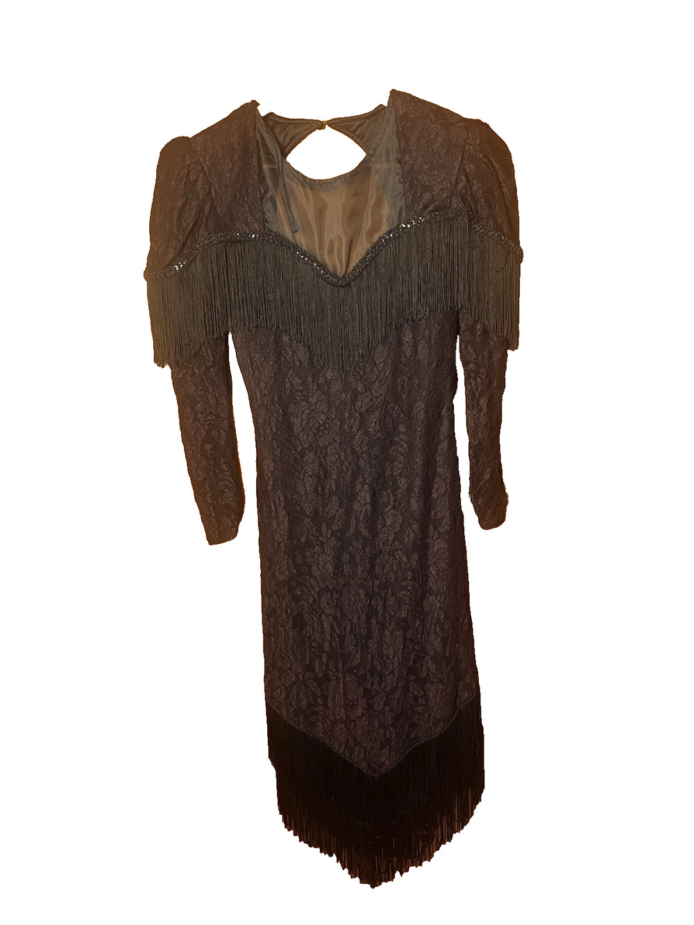 Vintage Girls Black Lace Fringe Dress Flapper Dance Party Keyhole Size 11/12 80s